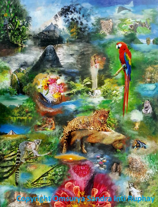 Malerei mit dem Titel "JUNGLE AMOUR MEDITA…" von Omsurya Sandra Inti Ruphay, Original-Kunstwerk, Acryl