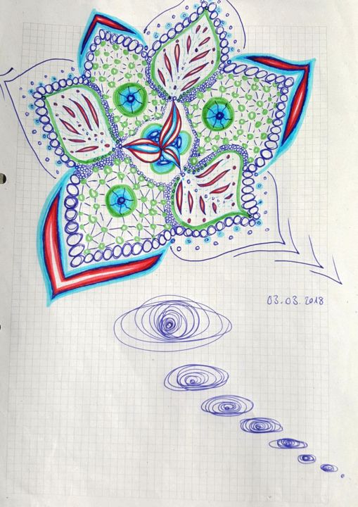 Zeichnungen mit dem Titel "Flower Party UFO" von Omsurya Sandra Inti Ruphay, Original-Kunstwerk, Kugelschreiber