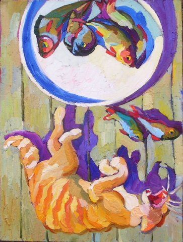 Pintura titulada "Кот зевающий" por Sasha Ovchinnikova, Obra de arte original, Oleo