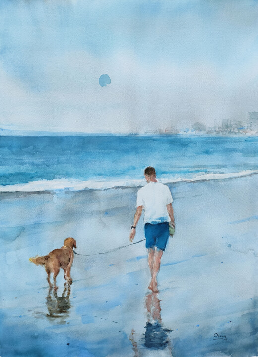 Painting titled "h-beach 2" by Oscar Alvarez, Original Artwork, Watercolor