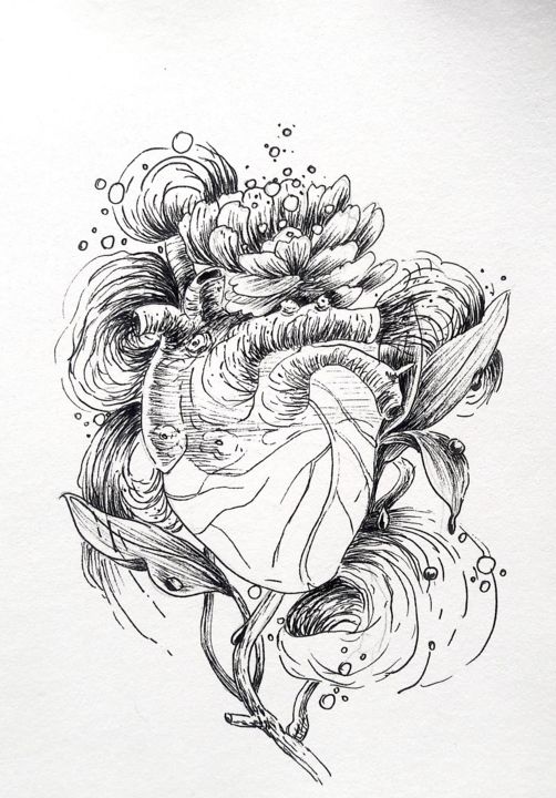 Disegno intitolato "Corazon vegetal" da Oscar Torres Perez, Opera d'arte originale, Penna gel