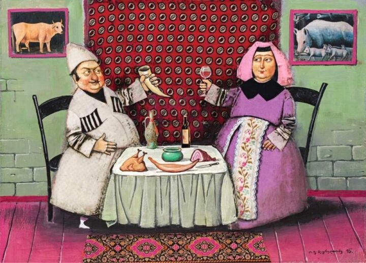 Painting titled "Luarsab and Darejan" by Otar Megrelishvili, Original Artwork, Gouache Mounted on Cardboard