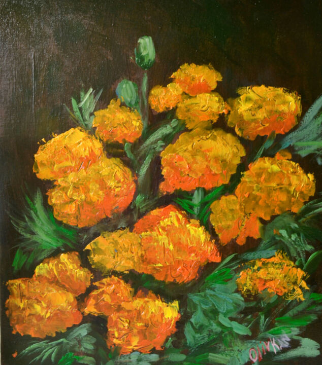 Tagetes Flower Art Marigold Oil Painting, Pintura por Olivkan Art |  Artmajeur