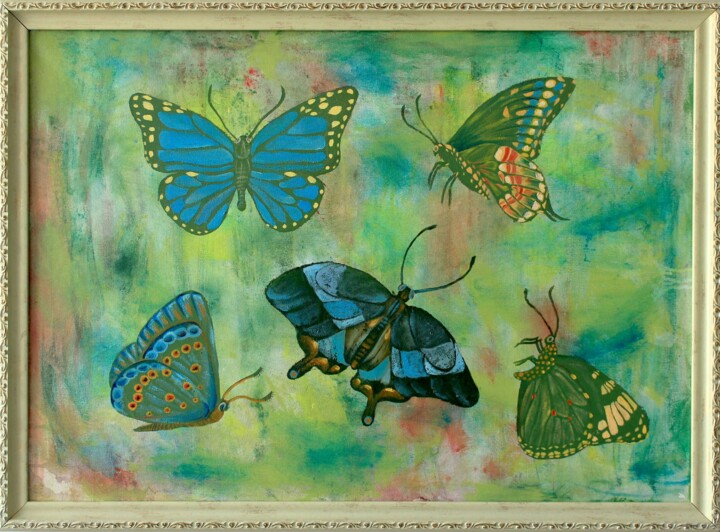 Картина под названием "Butterfly on green" - Oxana Antonenko, Подлинное произведение искусства, Масло Установлен на Деревянн…