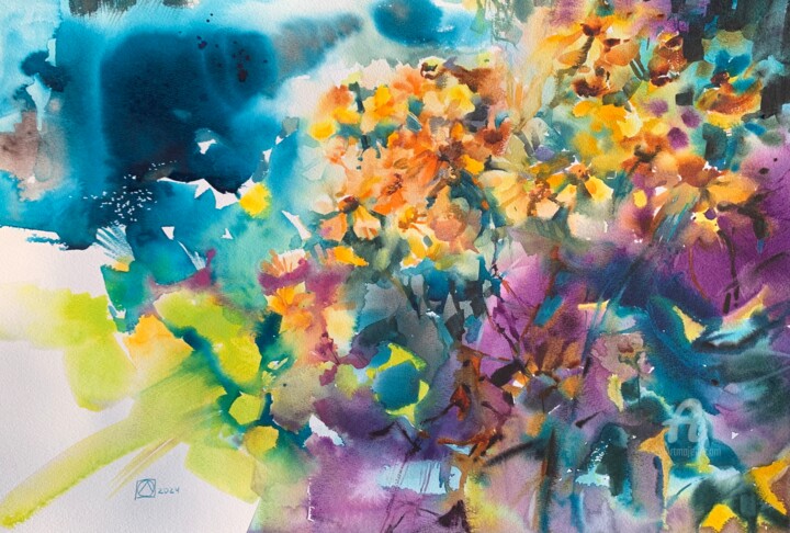 Painting titled "Yellow flowers #4" by Oxana Luky, Original Artwork, Watercolor