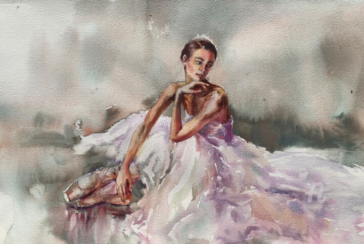 Painting titled "Ballerina #24" by Oxana Luky, Original Artwork, Watercolor