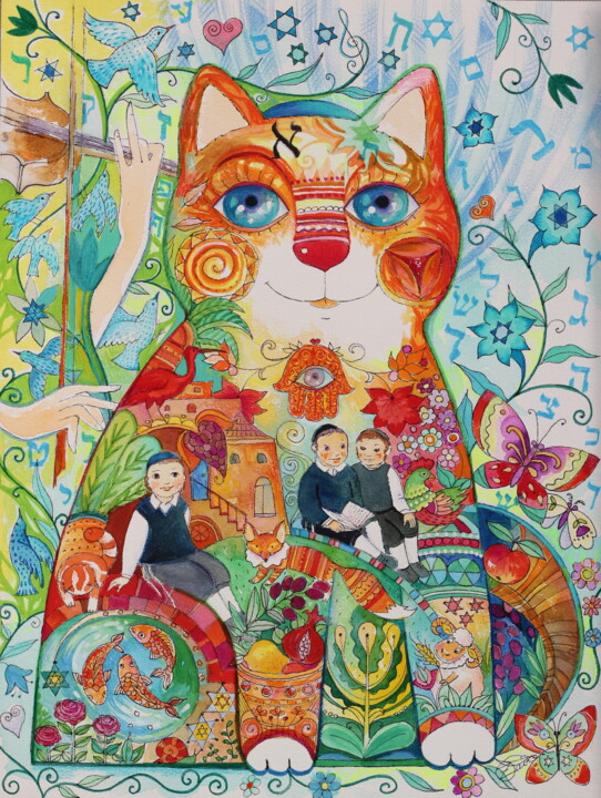 Schilderij getiteld "Chat judaica" door Oxana Zaika, Origineel Kunstwerk, Aquarel
