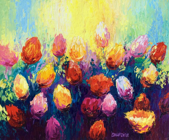 Painting titled ""Tulips"" by Oxypoint, Original Artwork, Oil Mounted on Wood Stretcher frame