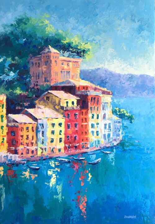 Schilderij getiteld ""Portofino"" door Oxypoint, Origineel Kunstwerk, Olie Gemonteerd op Frame voor houten brancard