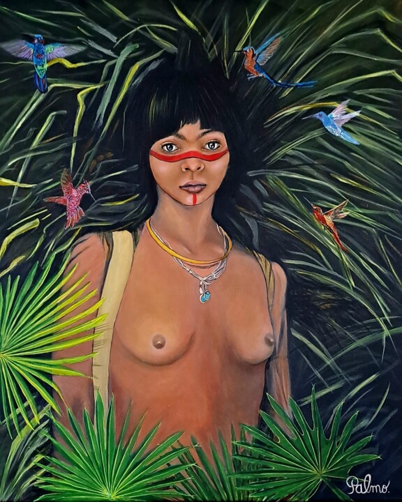 Картина под названием "Jeune femme Xingù" - Palmo, Подлинное произведение искусства, Акрил Установлен на Деревянная рама для…