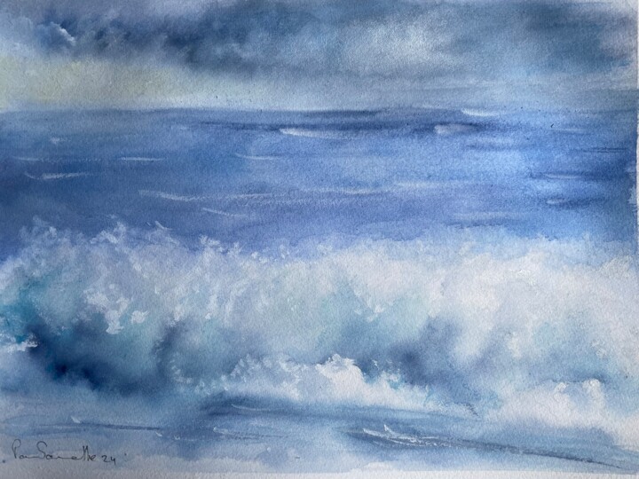 Painting titled "Vagues" by Pam Sounette, Original Artwork, Watercolor