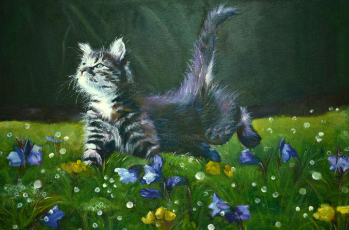 Painting titled "Cat`s Spring, Canva…" by Pannochki.Art, Original Artwork, Oil