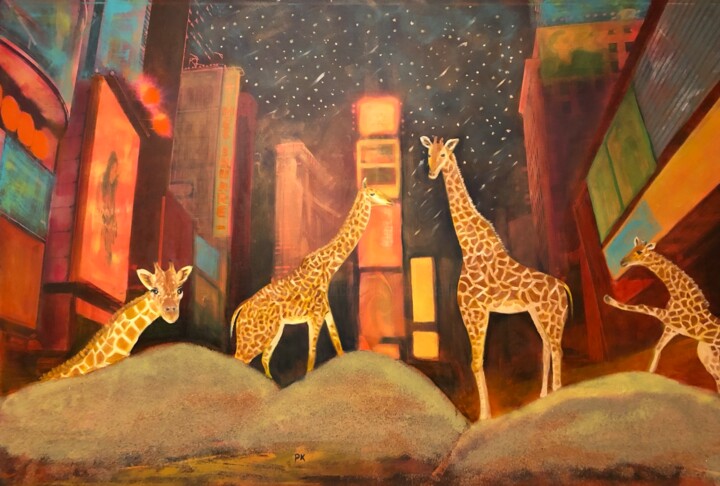 Pintura intitulada "Giraffes à New York" por Paola Korga, Obras de arte originais, Óleo