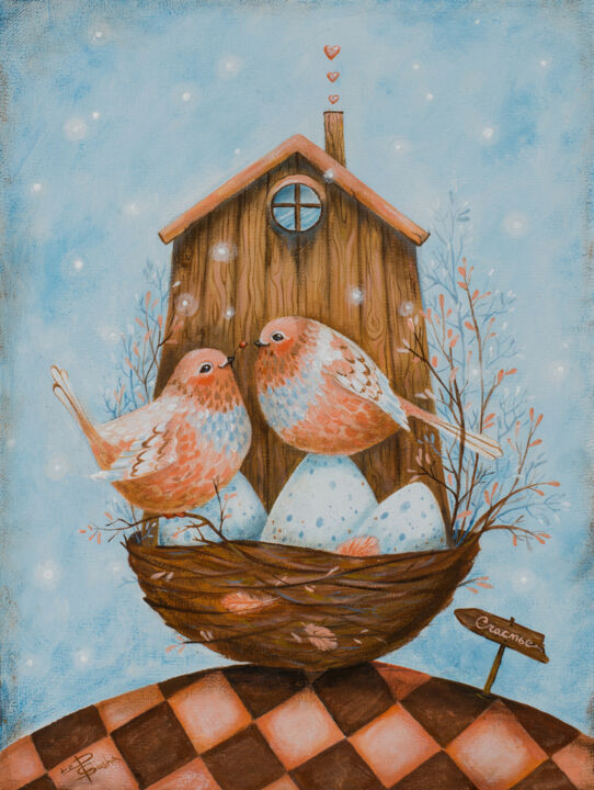 Malerei mit dem Titel "Birds of happiness" von Aleksandra Paranchenko, Original-Kunstwerk, Acryl