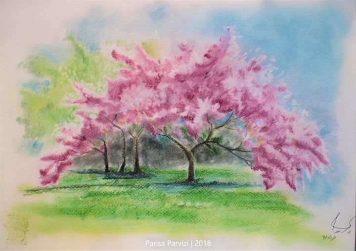 Tekening getiteld "Spring Tree" door Parisa Parvizi, Origineel Kunstwerk, Krijt