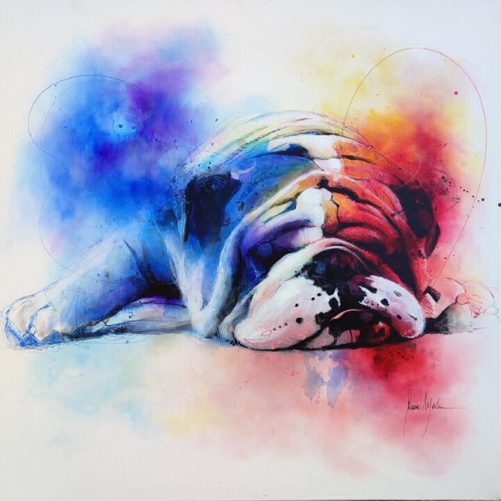 Malerei mit dem Titel "RELAX BULLDOG" von Pascal Merlin, Original-Kunstwerk, Acryl Auf Keilrahmen aus Holz montiert