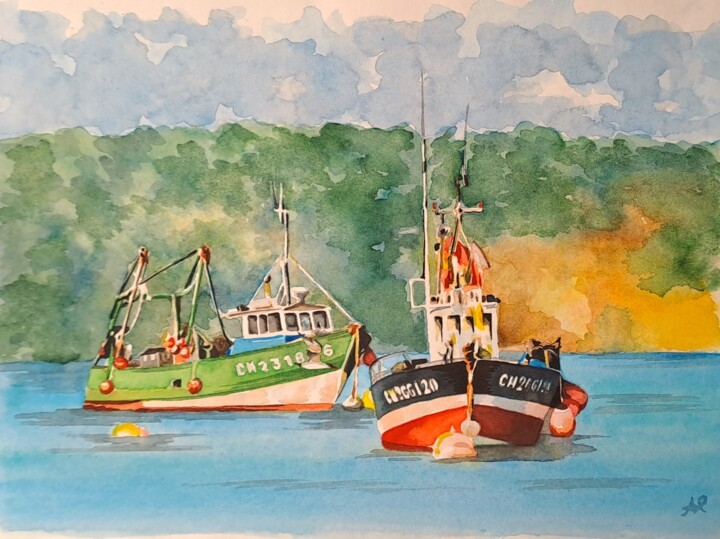 Malerei mit dem Titel "Bateaux de pêches -…" von Pascale Alloncle, Original-Kunstwerk, Aquarell