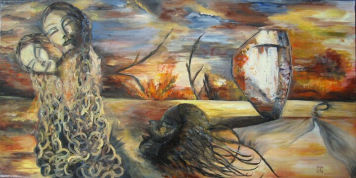 Painting titled "L'autre monde" by Pascale Cormouls, Original Artwork, Oil Mounted on Wood Stretcher frame