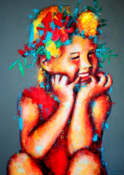 Peinture intitulée "Young girl with flo…" par Pascale White, Œuvre d'art originale, Acrylique