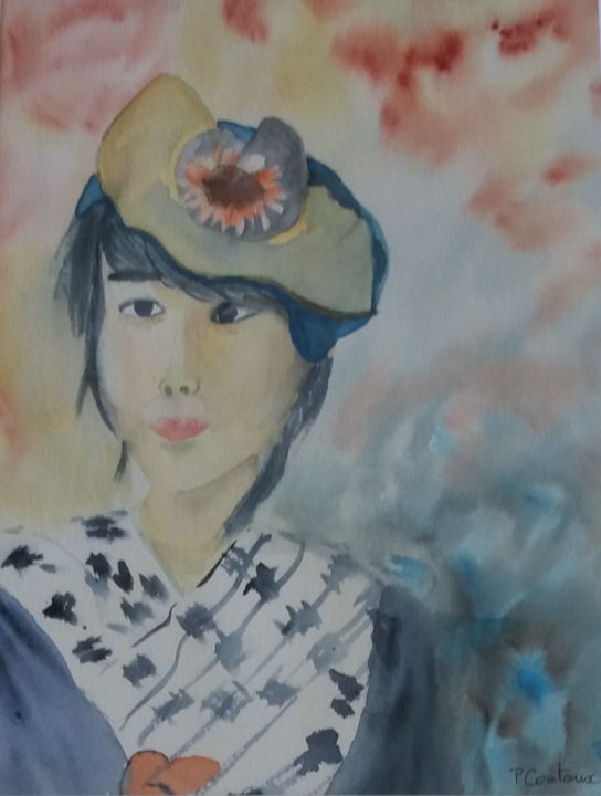 Pintura titulada "Japonaise au chapea…" por Pascale Coutoux, Obra de arte original, Acuarela