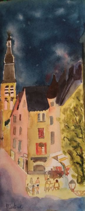 Painting titled "Sarlat La Nuit" by Pascale Coutoux, Original Artwork, Watercolor