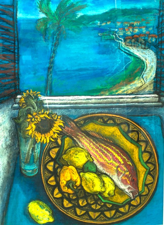 Dibujo titulada "Snapper Fish with a…" por Patricia Clements Art, Obra de arte original, Pastel Montado en Vidrio