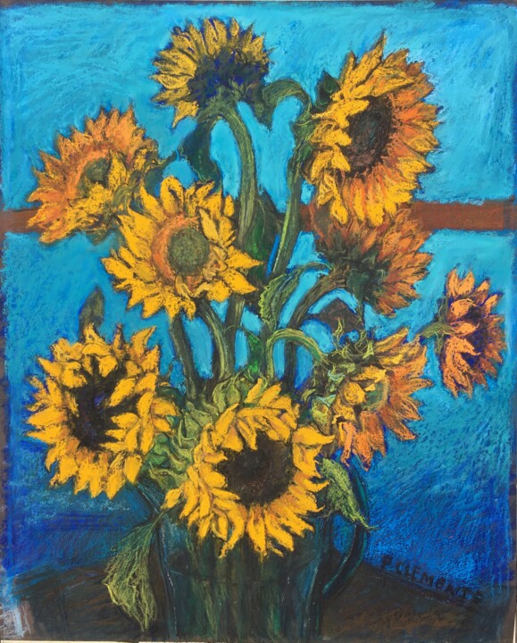 Dibujo titulada "Sunflowers with Tur…" por Patricia Clements Art, Obra de arte original, Pastel
