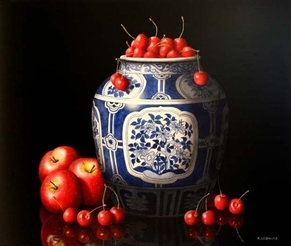 Peinture intitulée "Vase bleu et fruits…" par Patrick Lodwitz, Œuvre d'art originale, Huile