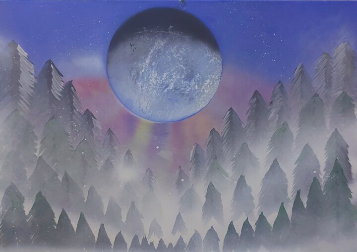 「Foggy Forest」というタイトルの絵画 Patryk Siwiakによって, オリジナルのアートワーク, スプレー式塗料 ウッドストレッチャーフレームにマウント