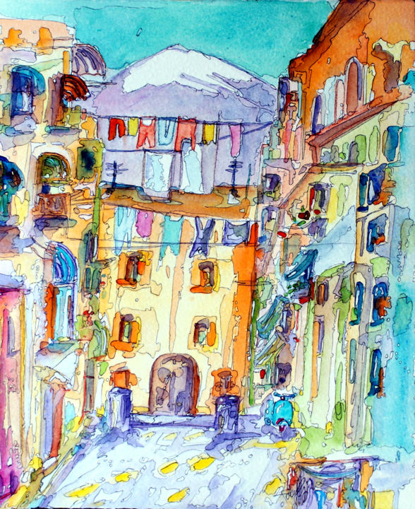 Malerei mit dem Titel "Vicolo Napoli" von Patrizia Gargiulo (PattyGi), Original-Kunstwerk, Aquarell