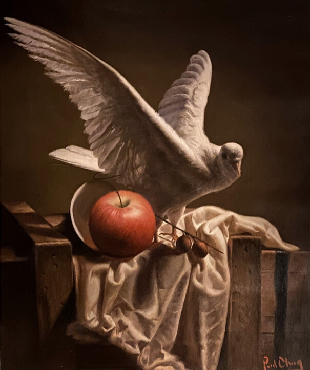 Pittura intitolato "Pigeon and Apple" da Paul Cheng, Opera d'arte originale, Olio Montato su Telaio per barella in legno