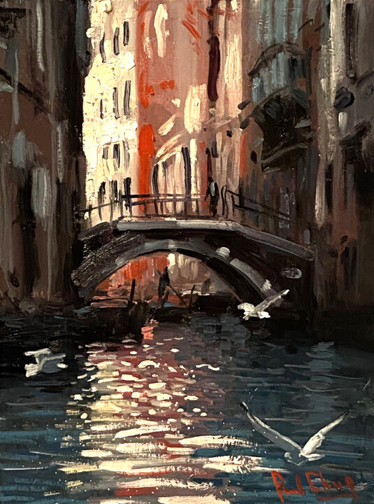 Painting titled "SUNSET VENICE SEAGU…" by Paul Cheng, Original Artwork, Oil Mounted on Cardboard