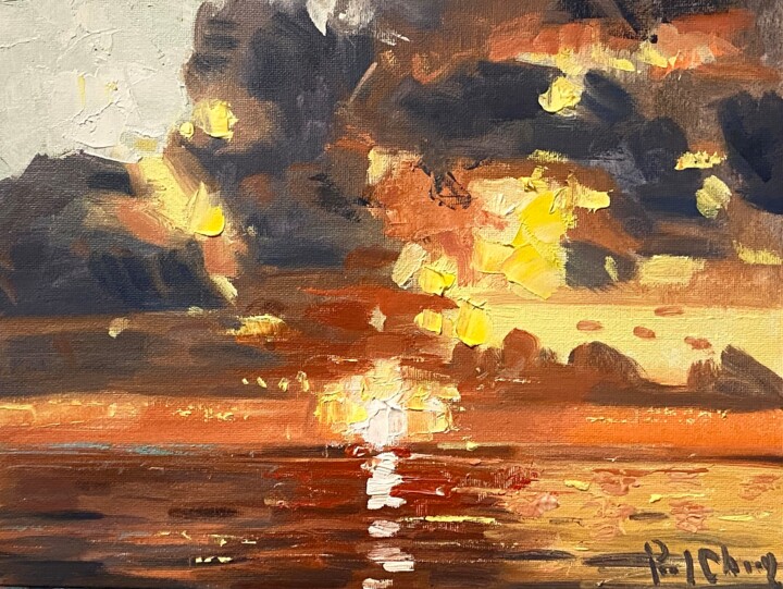 Pittura intitolato "Laguna Beach Sunset…" da Paul Cheng, Opera d'arte originale, Olio Montato su Cartone