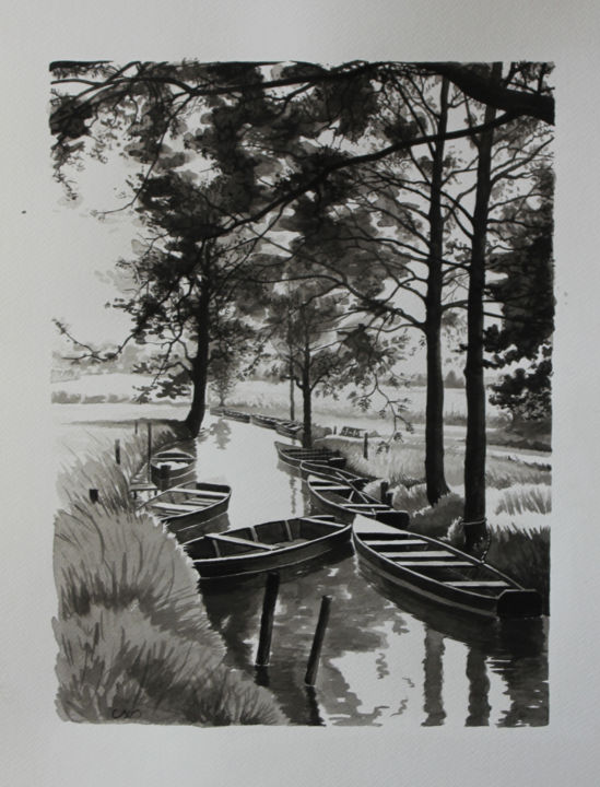 Dibujo titulada "Les barques" por Paul Natter, Obra de arte original, Tinta