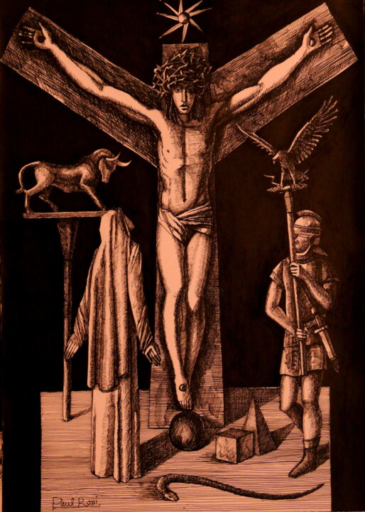 图画 标题为“Crucifixion V” 由Paul Rossi, 原创艺术品, 墨