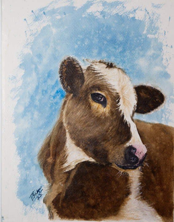 Malerei mit dem Titel "Sweet Brown Cow in…" von Paula Bridges, Original-Kunstwerk, Aquarell Auf Andere starre Platte montiert