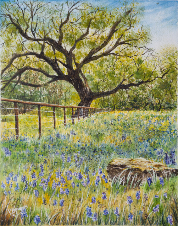 Schilderij getiteld "Texas Bluebonnets i…" door Paula Bridges, Origineel Kunstwerk, Aquarel Gemonteerd op Andere stijve pane…