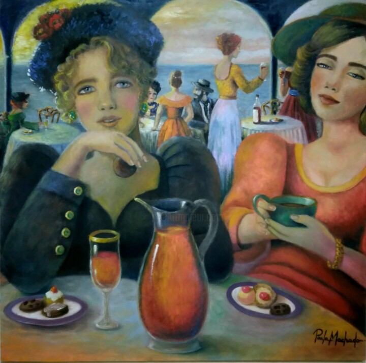 Painting titled "Café ao pôr do sol" by Paula Machado, Original Artwork, Oil Mounted on Wood Stretcher frame