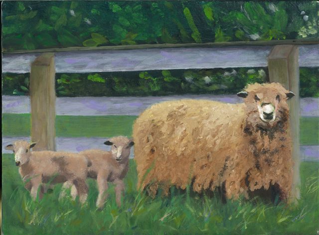 Schilderij getiteld "Spring Lambs" door Paula Emery, Origineel Kunstwerk, Olie