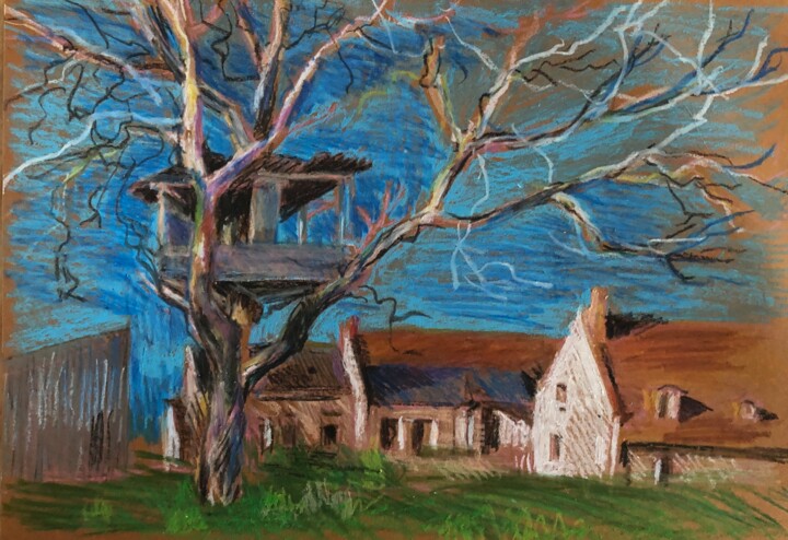 Drawing titled "Cabane perchée" by Paule Guerin, Original Artwork, Pastel