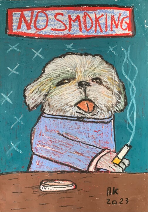 Drawing titled "Smoking dog #75" by Pavel Kuragin, Original Artwork, Pastel