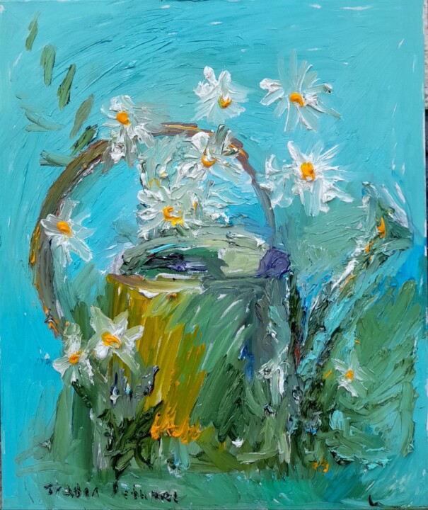 Painting titled "Daisies in a wateri…" by Pavel Levites, Original Artwork, Oil