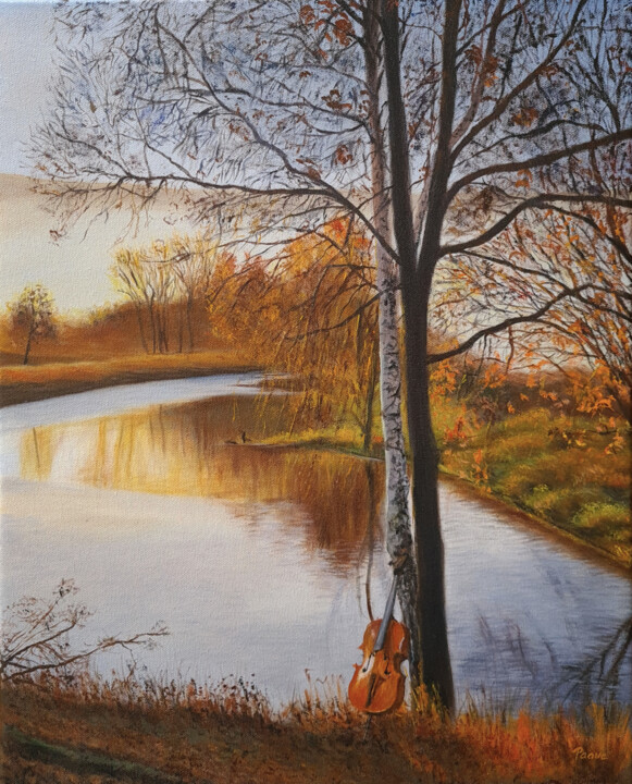 Painting titled "Autumn Reflections" by Pavlína Ostrá (Paave Art), Original Artwork, Oil Mounted on Wood Stretcher frame