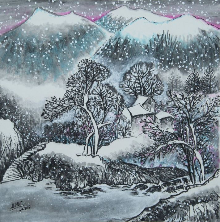Painting titled "Montagne enneigée" by Le Men Ji, Original Artwork, Ink
