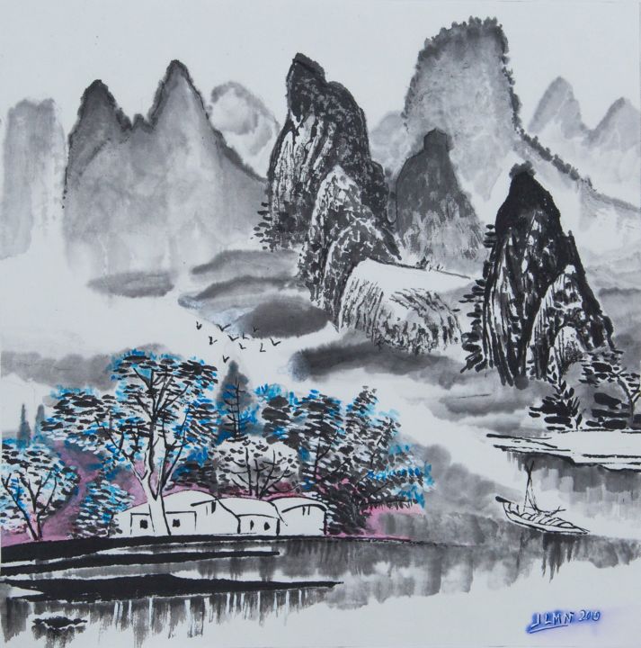 Peinture intitulée "Village sous les mo…" par Le Men Ji, Œuvre d'art originale, Encre