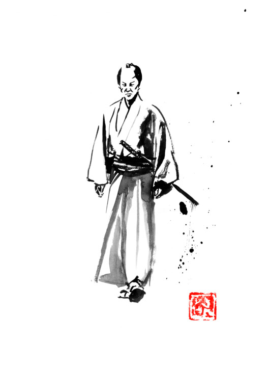 Drawing titled "walking samurai" by Péchane, Original Artwork, Watercolor