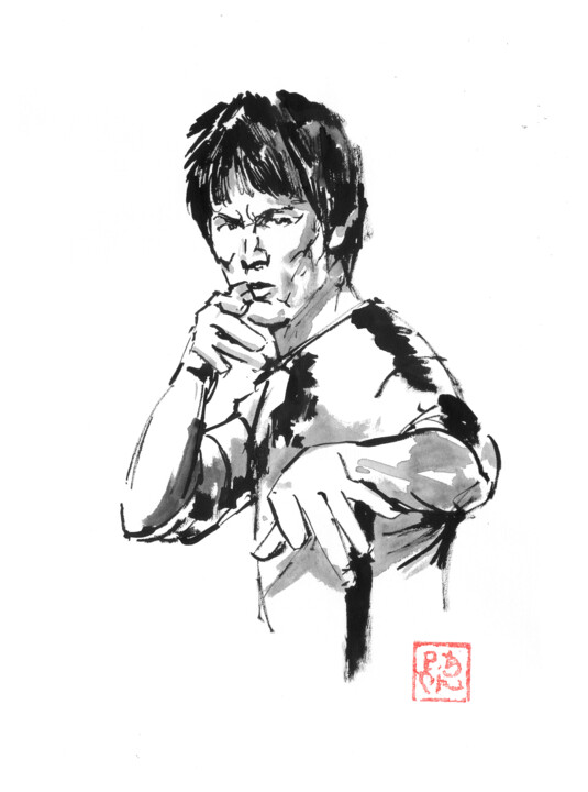 「bruce lee en garde」というタイトルの描画 Péchaneによって, オリジナルのアートワーク, 水彩画