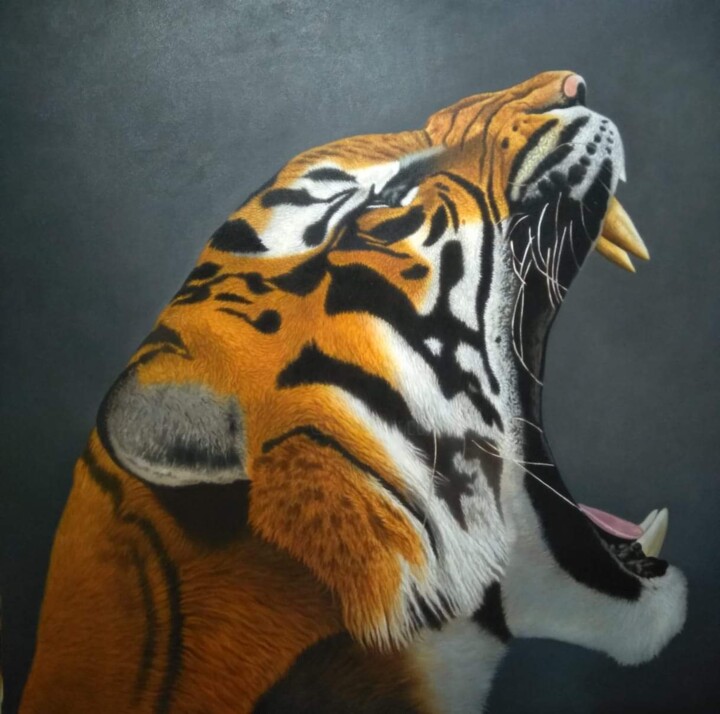 Painting titled "Tiger" by Peda Radovanovic, Original Artwork, Oil Mounted on Wood Stretcher frame