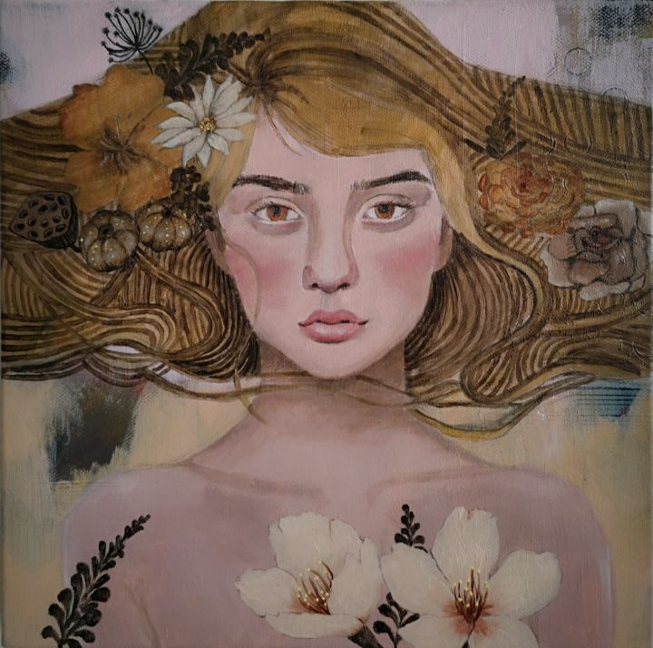 Peinture intitulée "Femme aux fleurs" par Peggy Lurton, Œuvre d'art originale, Acrylique