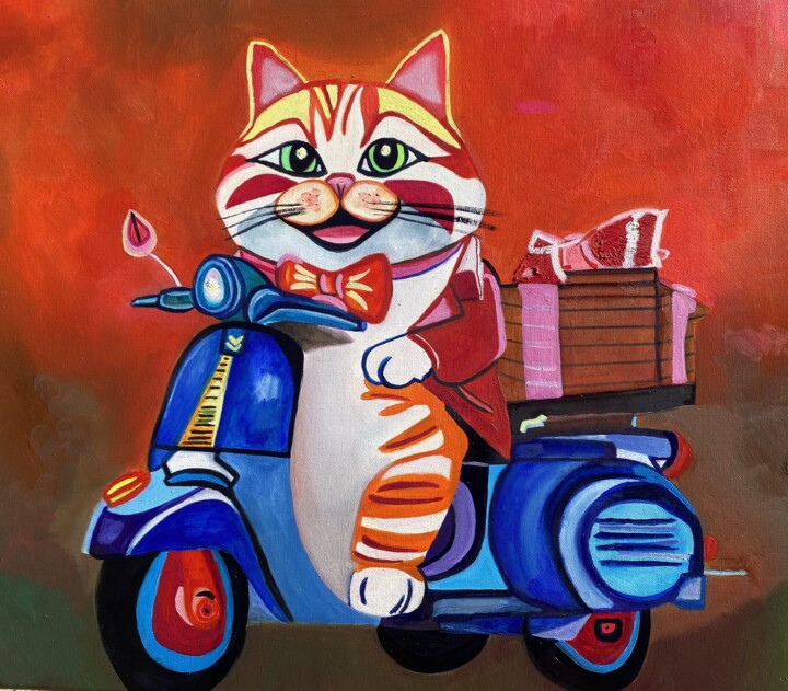 Pittura intitolato "Cat Delivery on Ves…" da Perfectstrokes, Opera d'arte originale, Olio